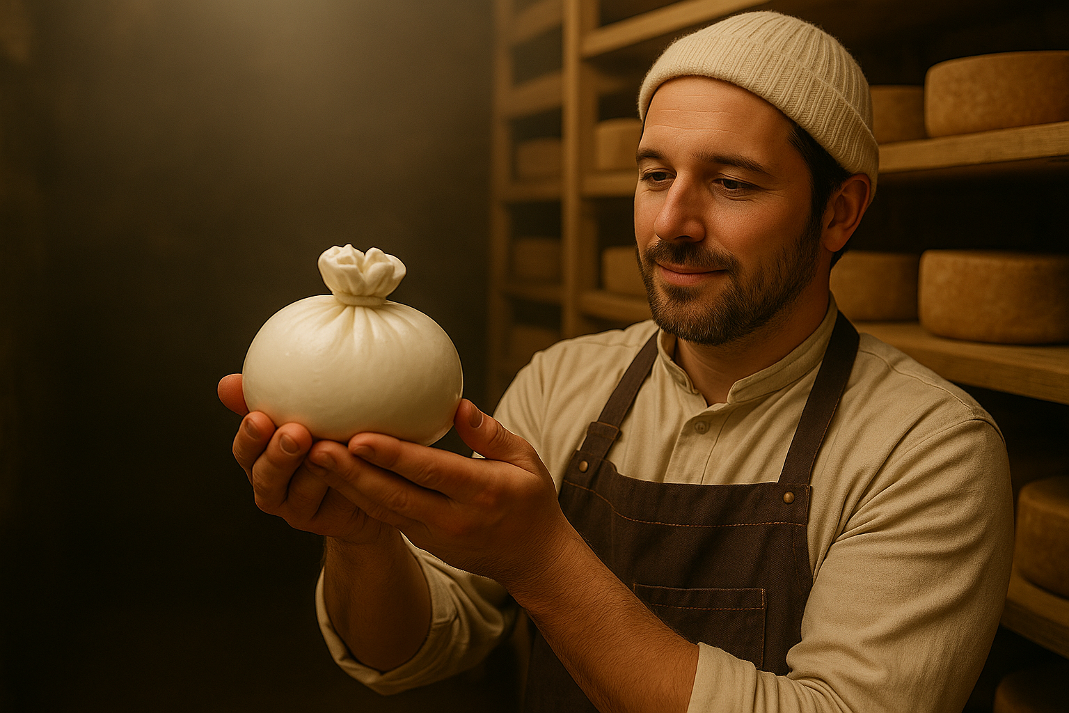 Fromager qui tient une burrata artisanale