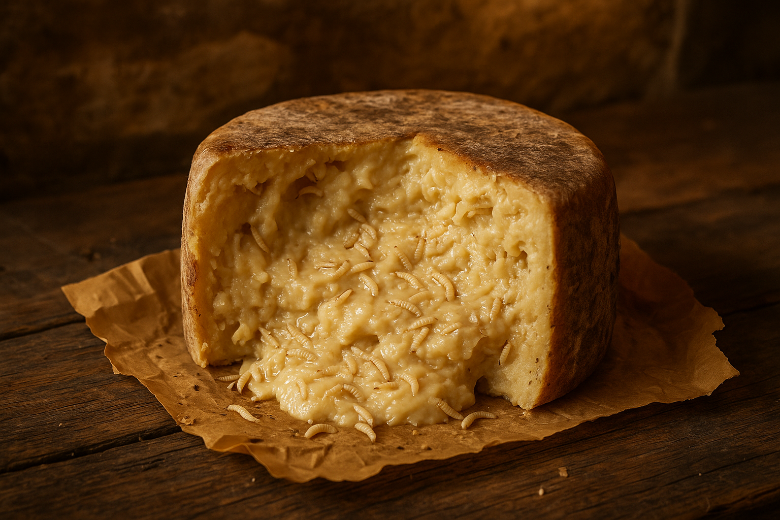 Roue de Casu Marzu et ses larves