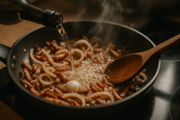 Faire revenir les lardons et oignons