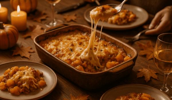 Tartiflette à la courge servie dans un chalet savoyard