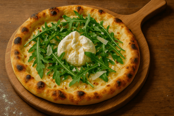 Pizza dorée avec burrata ajoutée