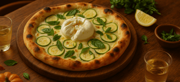 Pizza blanche courgette-burrata servie dans une trattoria italienne