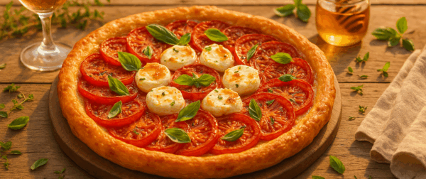 Tarte fine tomate-chèvre-miel servie dans un jardin provençal