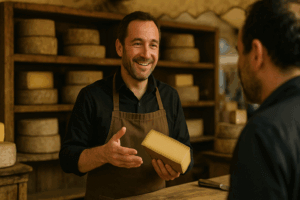 Vendeur de fromage en plein marché