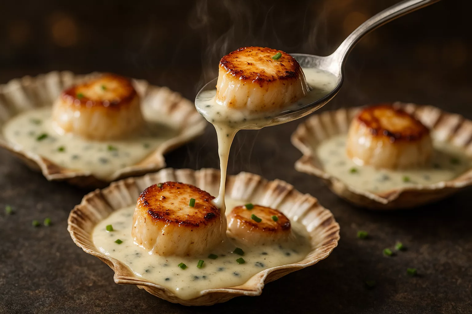 Les coquilles Saint-Jacques nappées d’une crème de bleu qui font fondre tous les invités