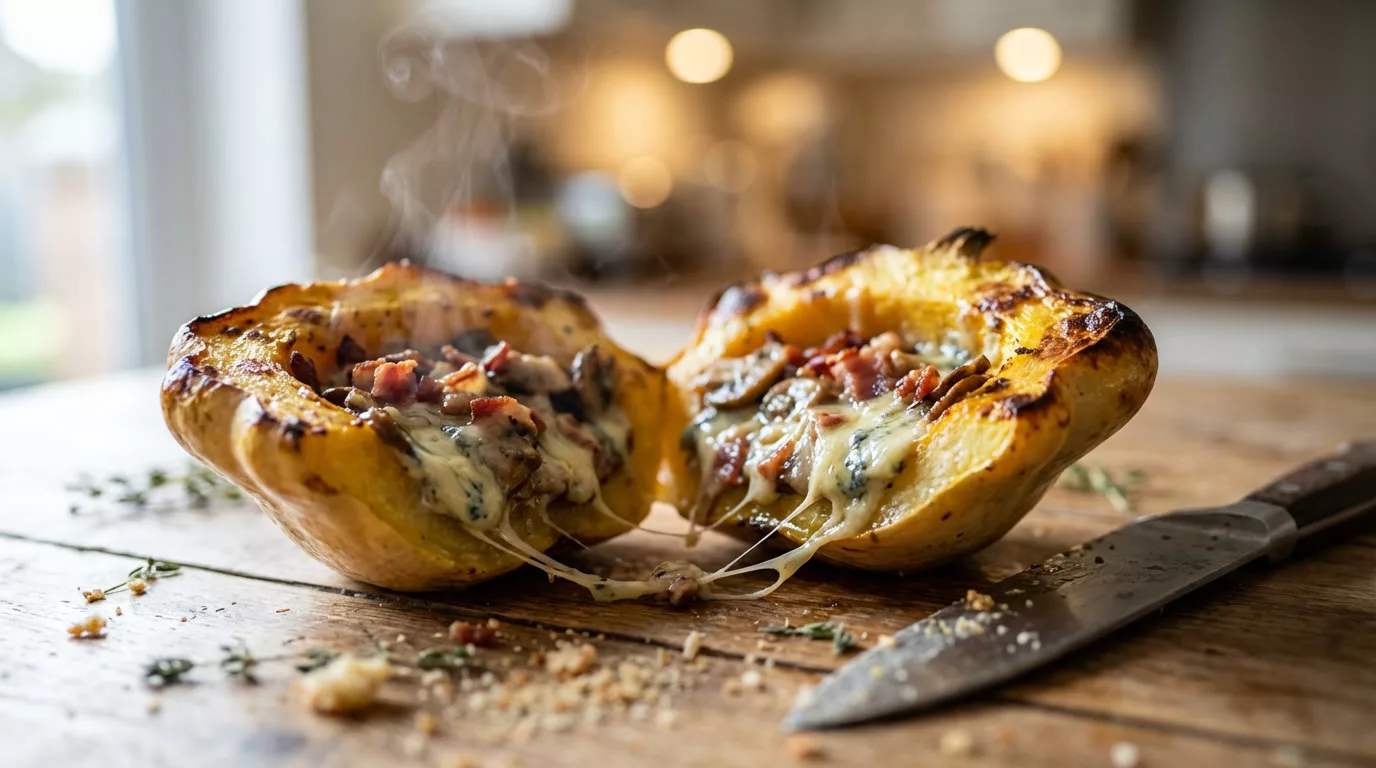 Pâtisson farci au bleu, lardons et champignons ultra fondant qui réchauffe toute la table