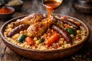 Le couscous poulet et merguez facile qui embaume la cuisine et réunit tout le monde autour de la table