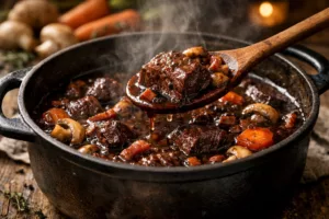Le bœuf bourguignon fondant qui mijote doucement et parfume toute la maison