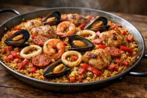 Paella fruits de mer, chorizo et poulet façon Patou : le plat qui fait voyager vos papilles