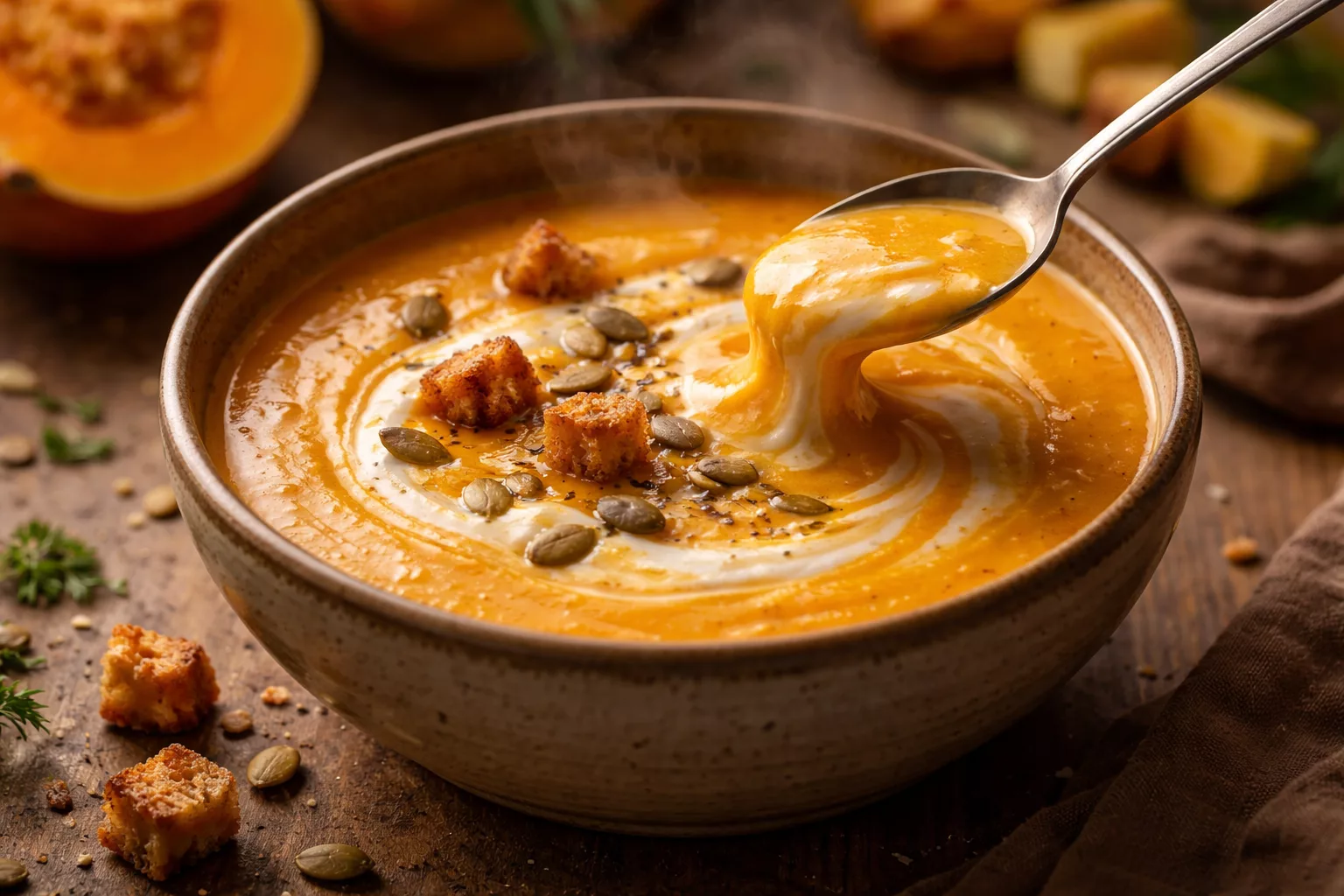 Cette soupe veloutée de potimarron et pommes de terre est si douce qu’on en redemande toujours une deuxième louche