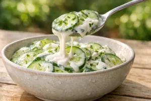 Cette salade de concombres à la crème fraîche légère et pleine de fraîcheur qu’on refait tout l’été