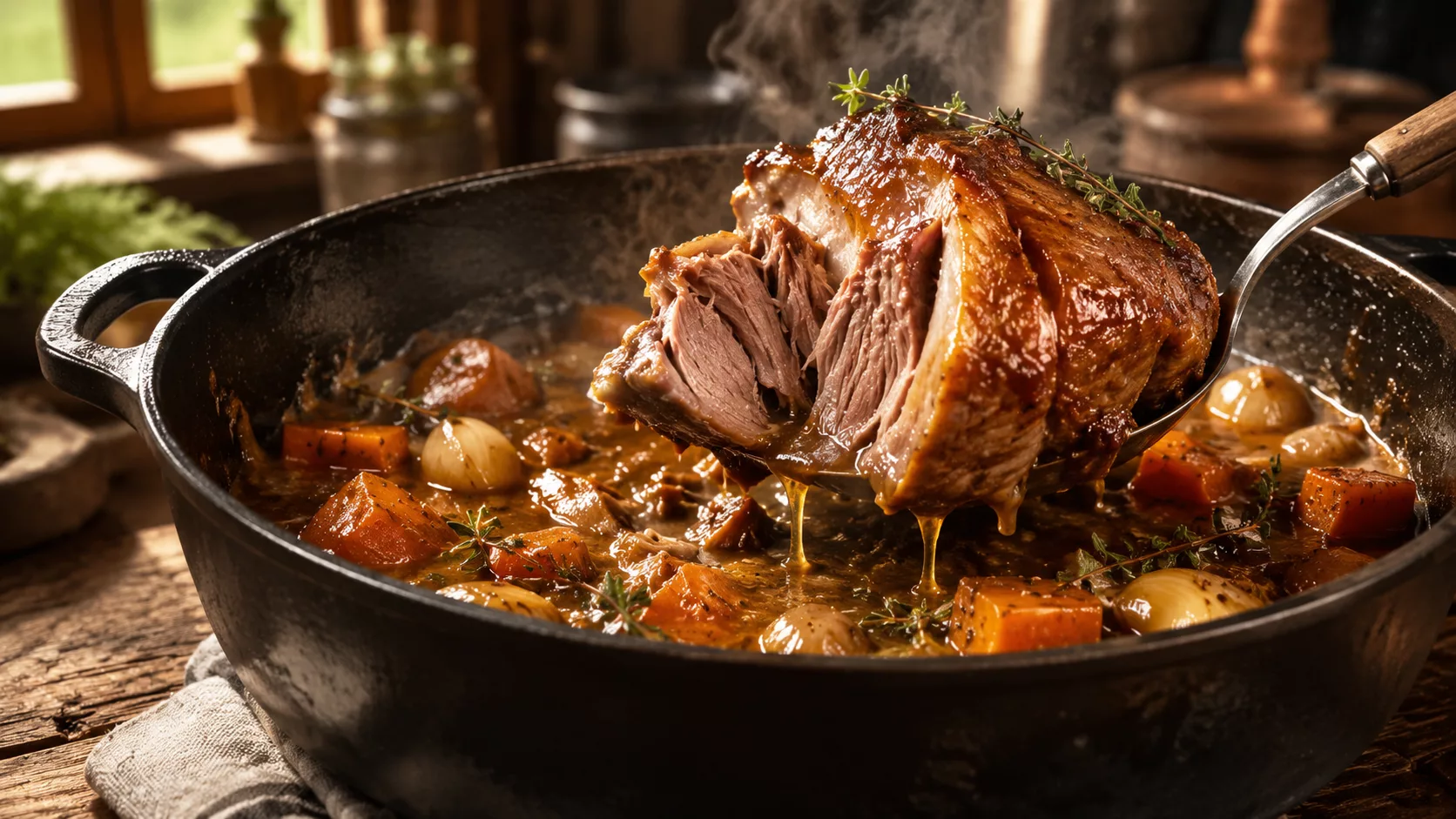 La rouelle de porc en cocotte si fondante qu’elle se coupe à la cuillère