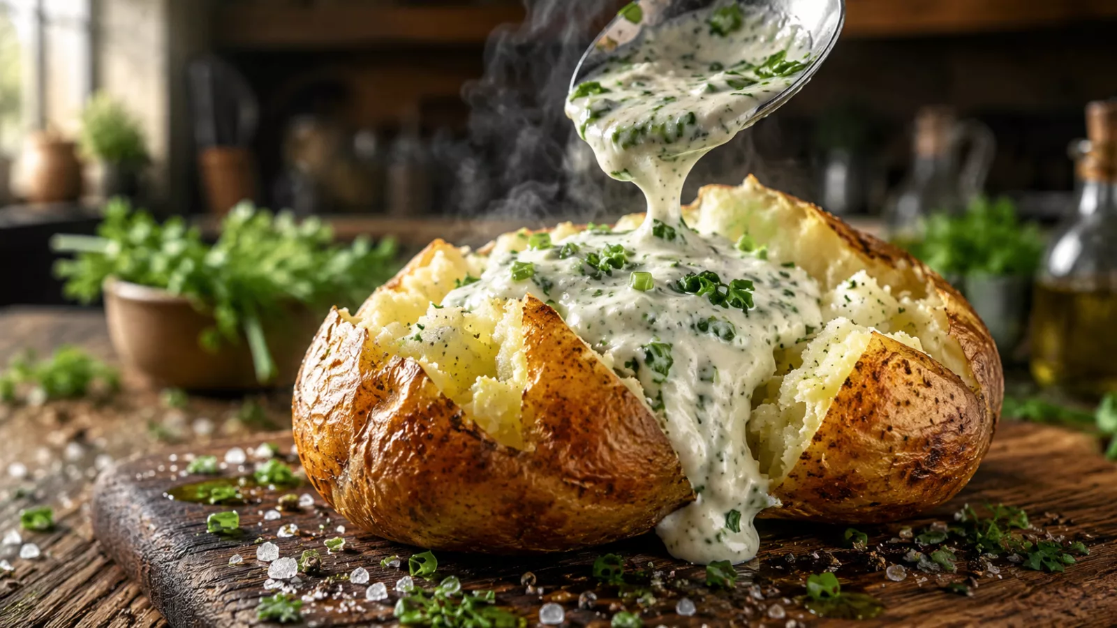 Cette pomme de terre au four sauce aux fines herbes va faire fondre toute la famille 1 Cette pomme de terre au four sauce aux fines herbes va faire fondre toute la famille