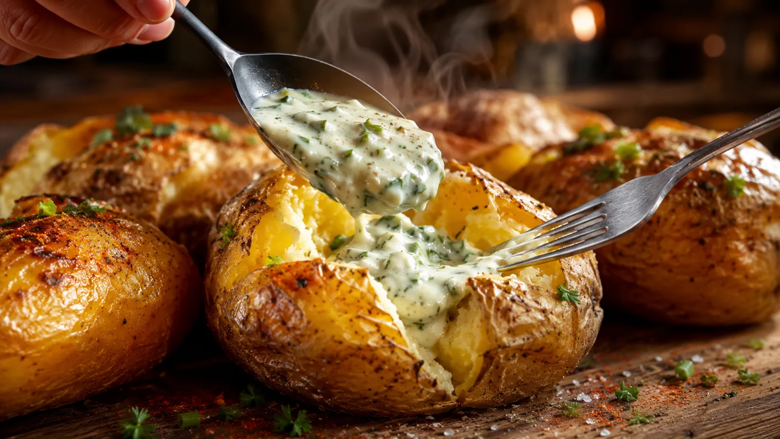 Pommes de terre au four et creme aux herbes