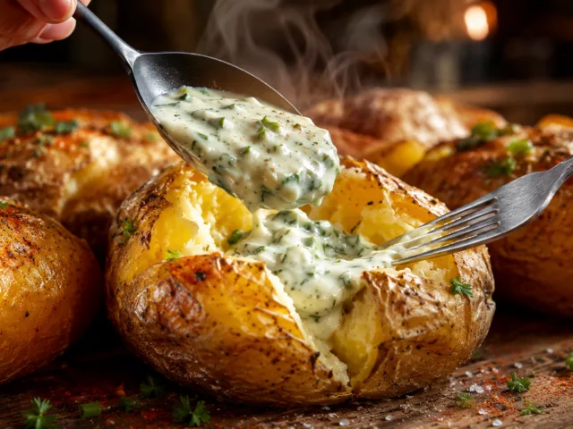 Pommes de terre au four et creme aux herbes