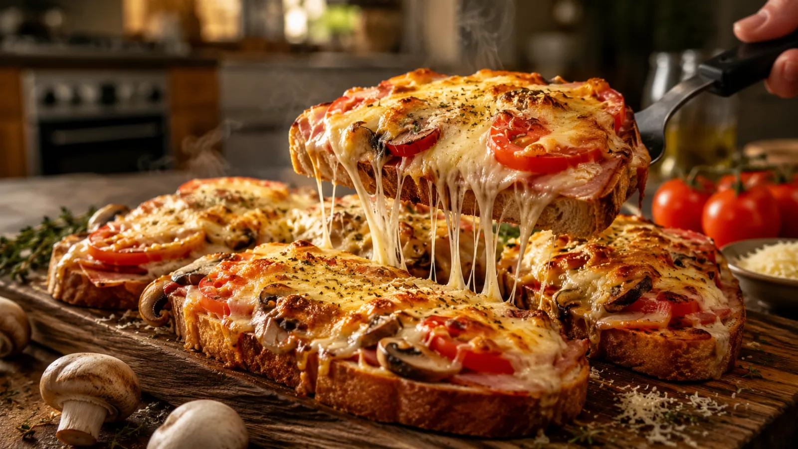 Tartine au four tomate champignon jambon fromage 1 Tartine au four tomate champignon jambon fromage