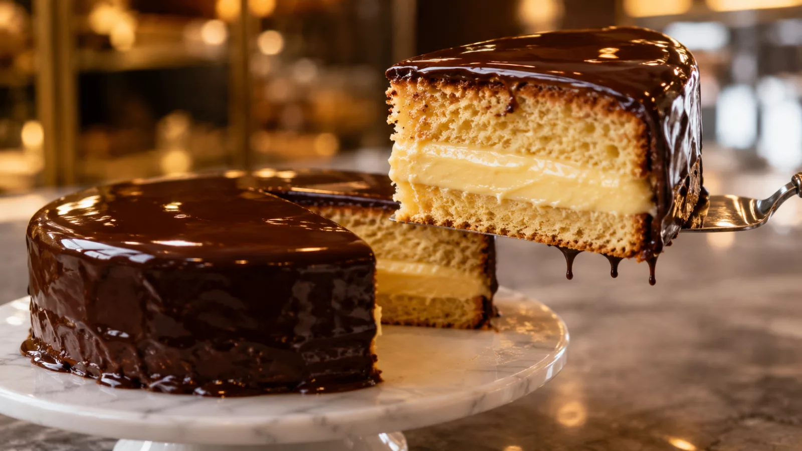Gateau de savoie fourre a la creme patissiere et glace au chocolat 1 Gateau de savoie fourre a la creme patissiere et glace au chocolat