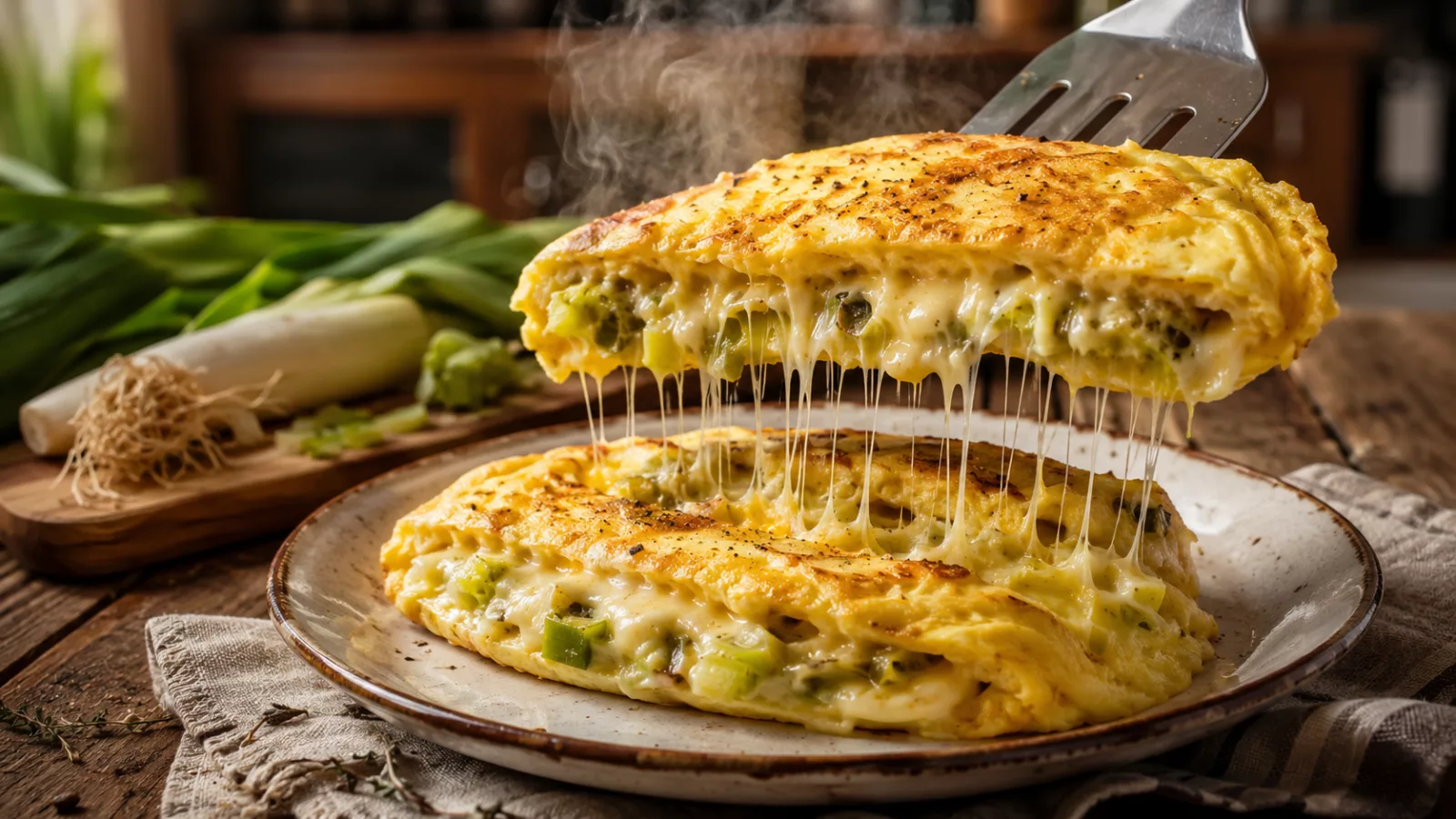 Omelette fourree aux poireaux
