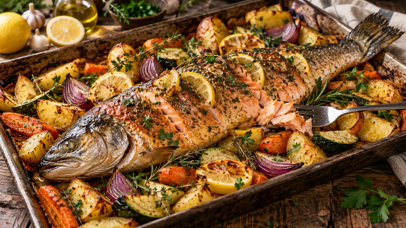 Saumon entier au four et ses légumes 1 Saumon entier au four et ses légumes